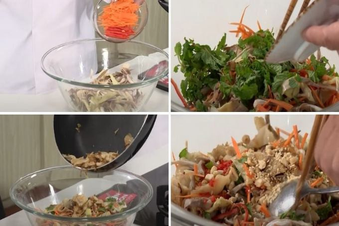 Pasos para mezclar la ensalada de pollo con flor de plátano