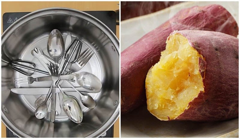 Boiling sweet potatoes with stainless steel spoons