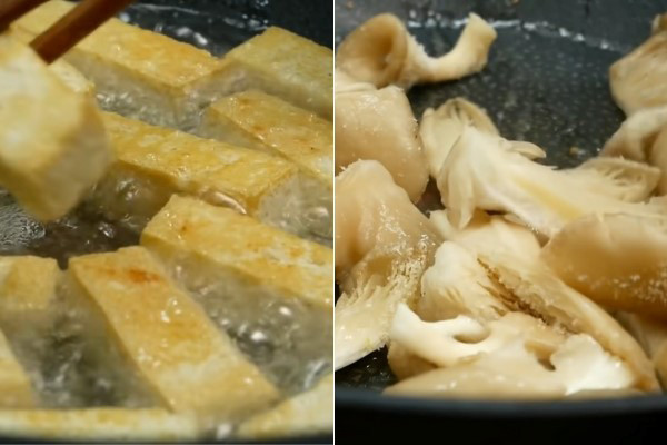 Freír el tofu y saltear las setas