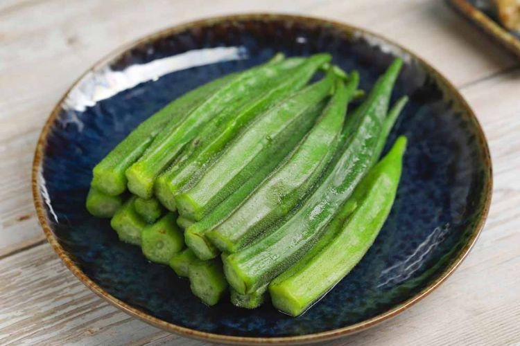 Finished product of bright green, non-slimy boiled okra