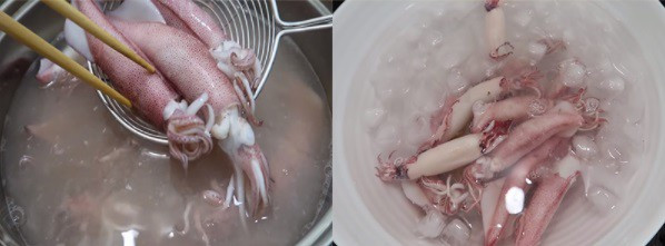 Steamed squid being placed in a bowl of ice water
