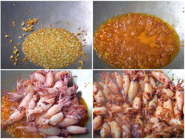 Tossing steamed squid in the fish sauce glaze in a pan