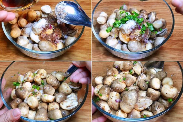 Soaking straw mushrooms and chopping green onions