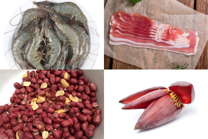 nguyên liệu làm gỏi bắp chuối trộn tôm thịt