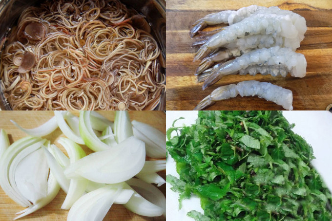 Preparación de los ingredientes para hacer ensalada de camarones con flor de plátano