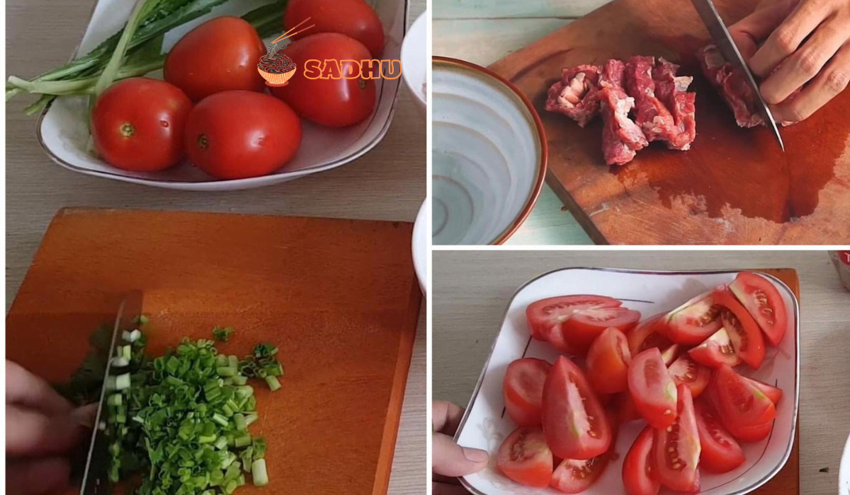Preparación de los ingredientes para el estofado de carne con tomate