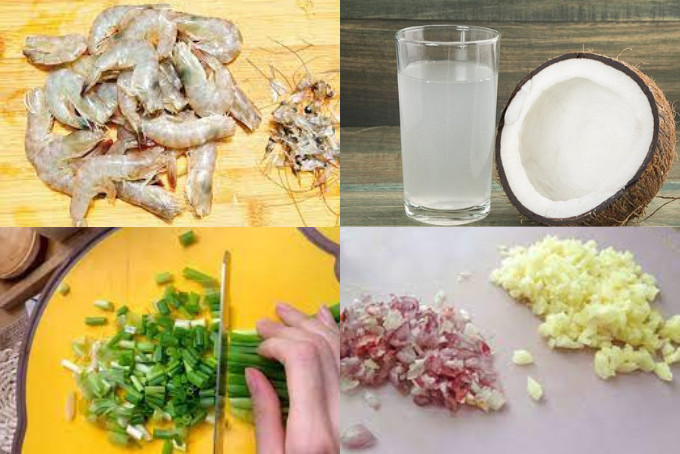Preparación de los ingredientes para camarones al coco