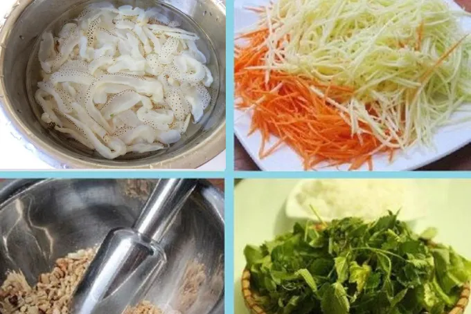 Preparación de los ingredientes para la ensalada de papaya con medusa