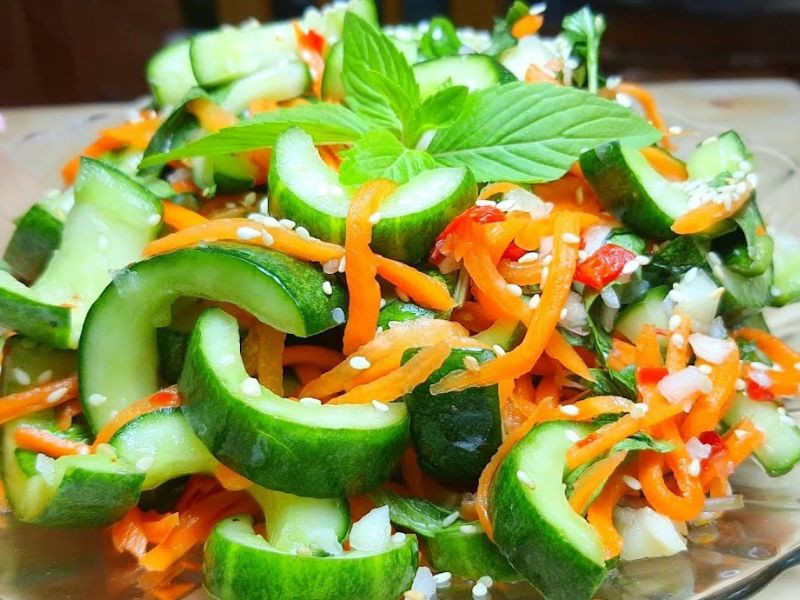 Plated vegetarian cucumber salad ready to eat