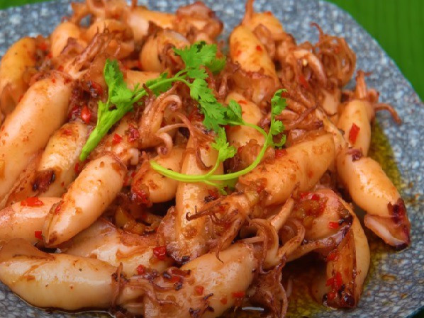 Plated Savory Steamed Squid with Fish Sauce ready to serve