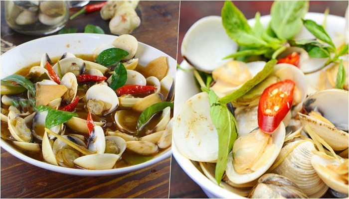 Producto final de almejas al vapor al estilo tailandés picante deliciosas