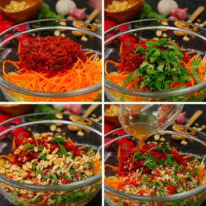 Mezclar la ensalada de mango verde con carne seca