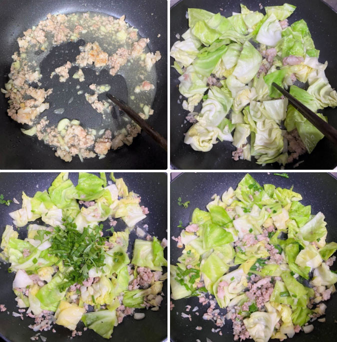 Saltear la col con la carne picada
