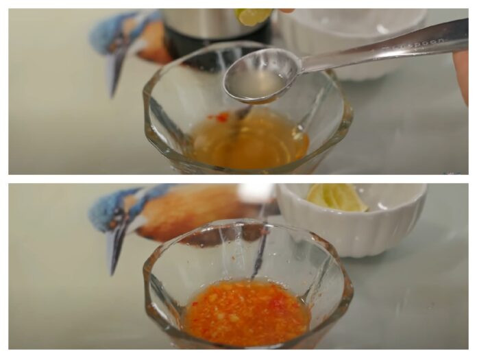 Preparing vegetarian fish sauce for the salad