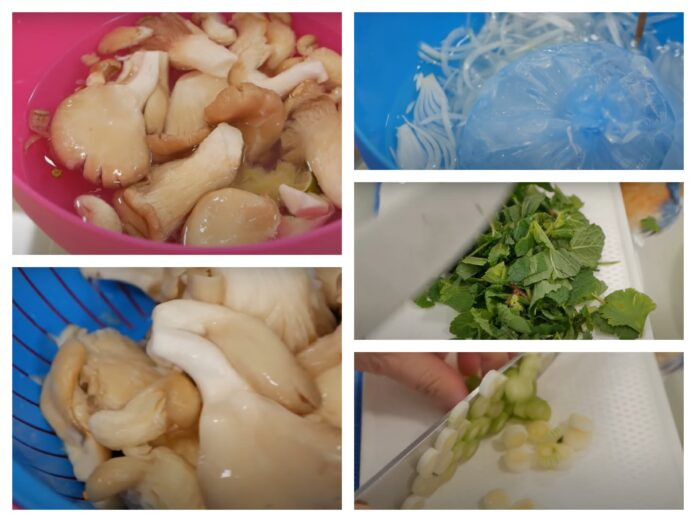 Prepping straw mushrooms and other salad ingredients