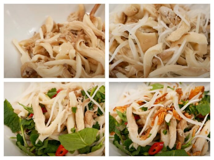 Mixing the straw mushroom and onion salad with herbs and dressing