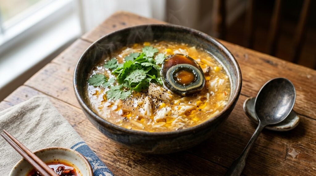 Cách Nấu Súp Cua Thơm Ngon, Sánh Mịn Và Không Bị Vữa 5 Bát súp cua đặc sánh, ăn kèm với trứng bách thảo, hành ngò và tiêu đen.