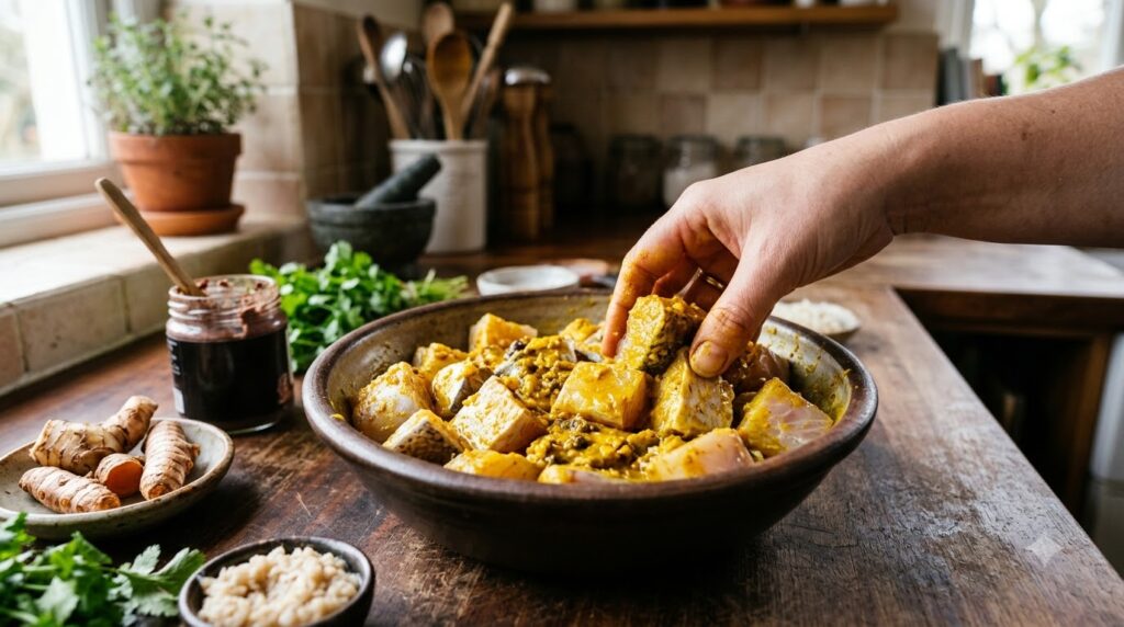 Cá được thái miếng và tẩm ướp với nghệ và riềng.