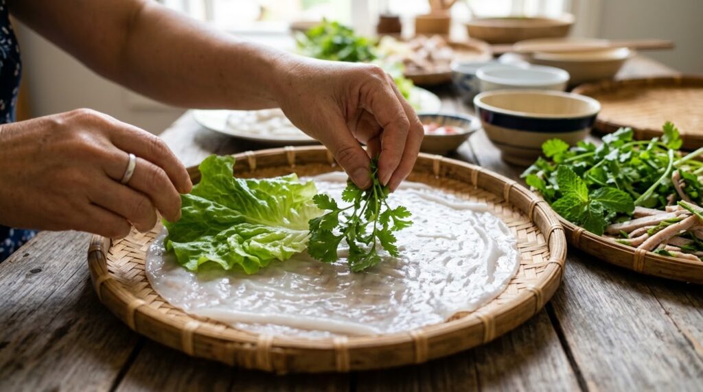 Cách Làm Phở Cuốn Thịt Bò Mềm Ngon, Không Bị Rách 3 Chuẩn bị bánh phở cùng rau xanh