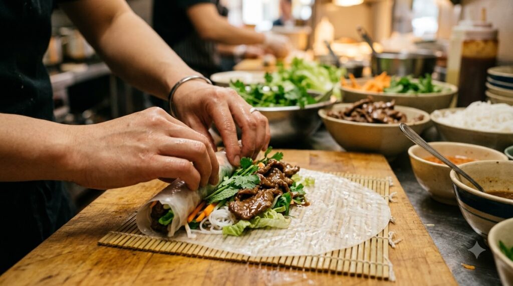 Cách Làm Phở Cuốn Thịt Bò Mềm Ngon, Không Bị Rách 4 Cuốn phở cùng thịt bò và rau xanh