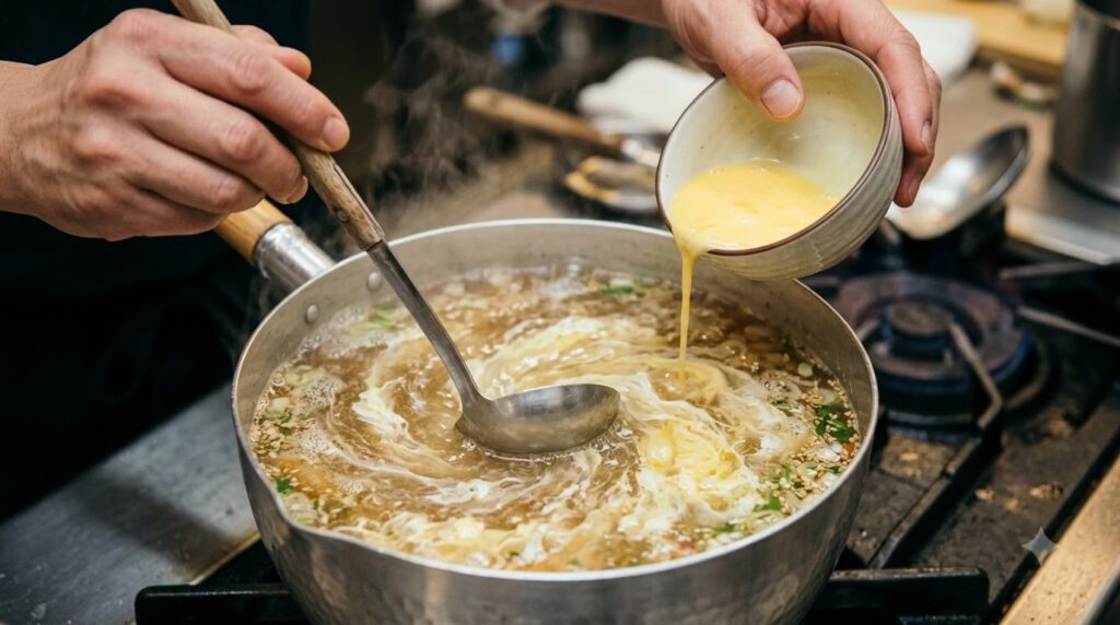Cách Nấu Súp Cua Thơm Ngon, Sánh Mịn Và Không Bị Vữa 4 Kỹ thuật rót trứng đánh tan vào nồi súp nóng để tạo nên những vân mây đẹp mắt.