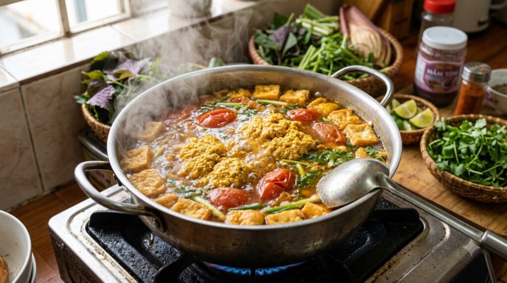 Nấu nước dùng Bún Riêu Cua Đồng