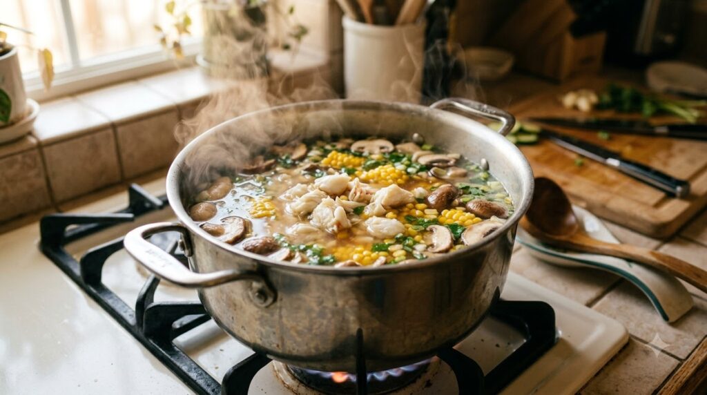 Cách Nấu Súp Cua Thơm Ngon, Sánh Mịn Và Không Bị Vữa 3 Nước dùng súp trong veo, ngọt thanh từ xương và rau củ.