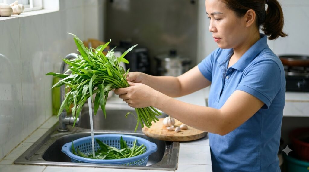 Cách Làm Rau Muống Xào Tỏi Xanh Mướt, Giòn Ngon Như Ngoài 1 rau muống xào tỏi - hướng dẫn
