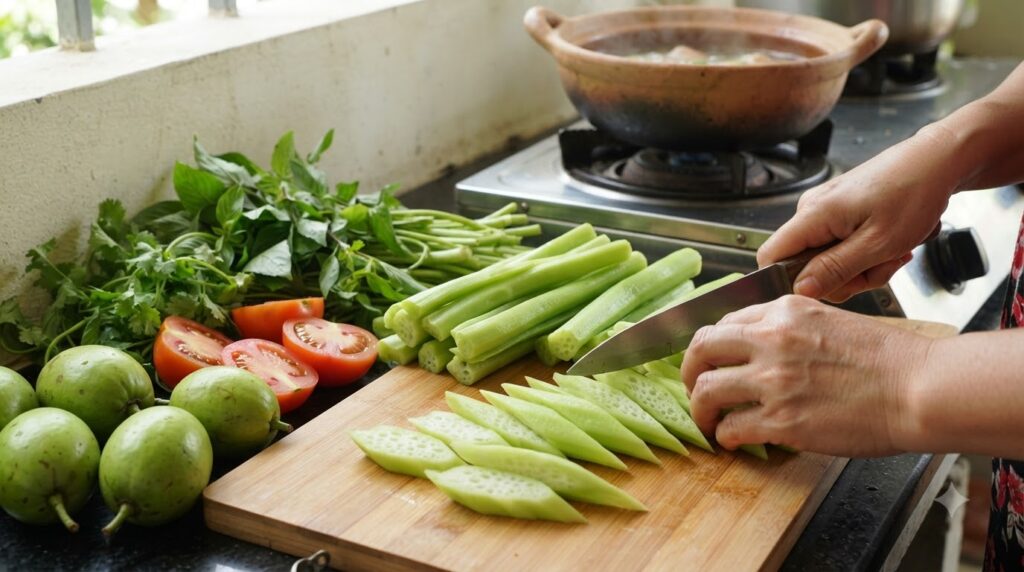 Cách Nấu Bún Sườn Chua Dọc Mùng Thanh Mát, Giải Nhiệt Cực Đã 1 bún sườn chua - hướng dẫn