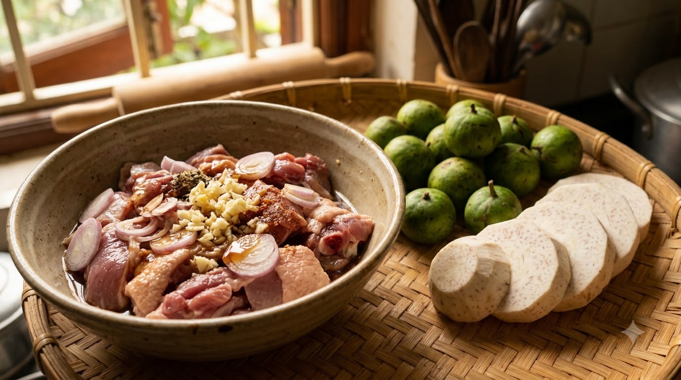 Nồi ngan om sấu đang được nấu để điều chỉnh độ mềm và vị chua