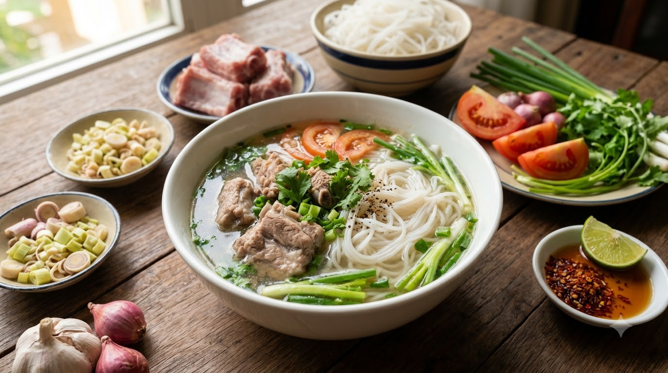 Các bước thực hiện món bún sườn đơn giản tại nhà