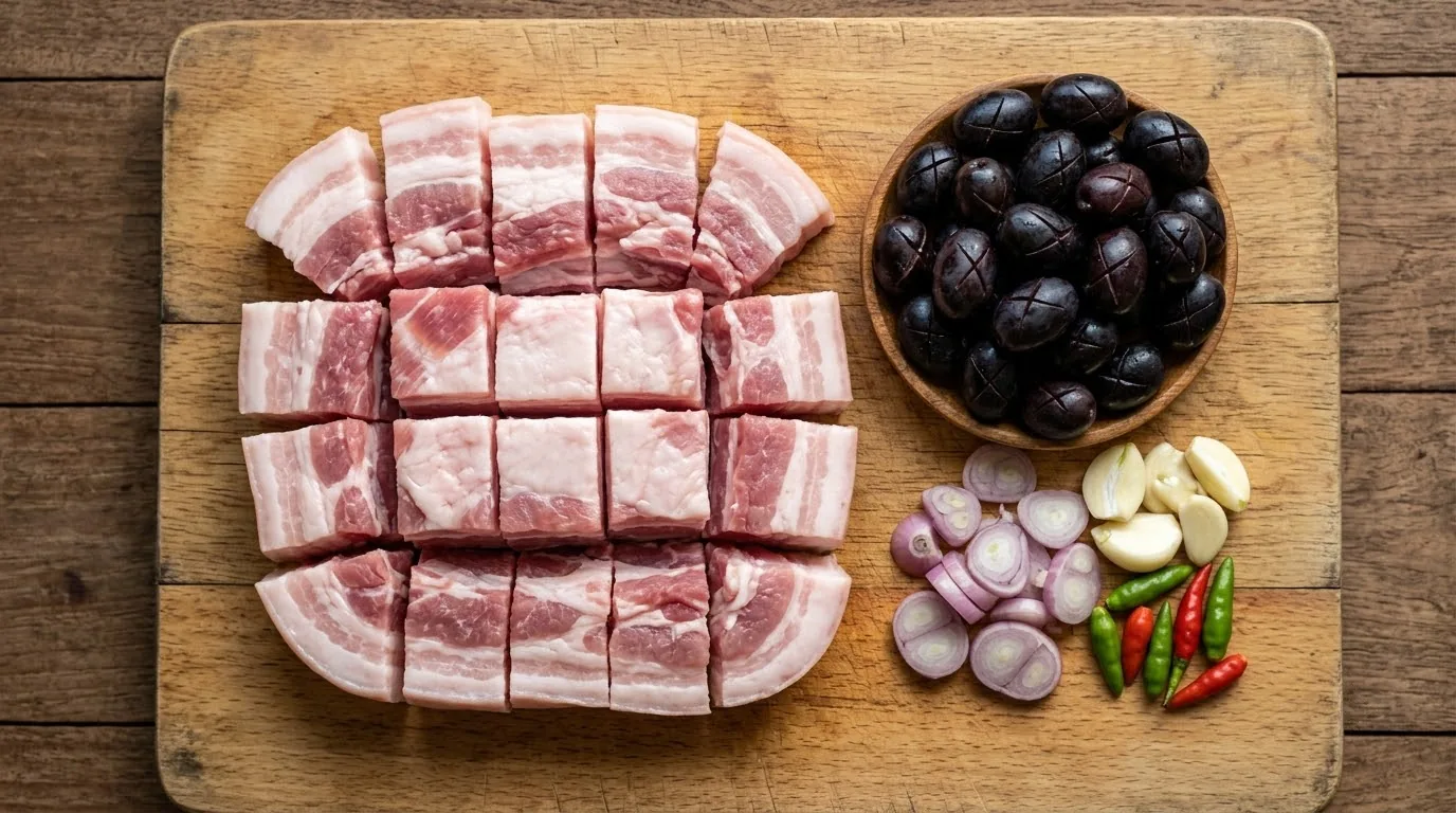 Đảo đều miếng thịt ba chỉ cùng trám đen trong nồi kho trên ngọn lửa nhỏ