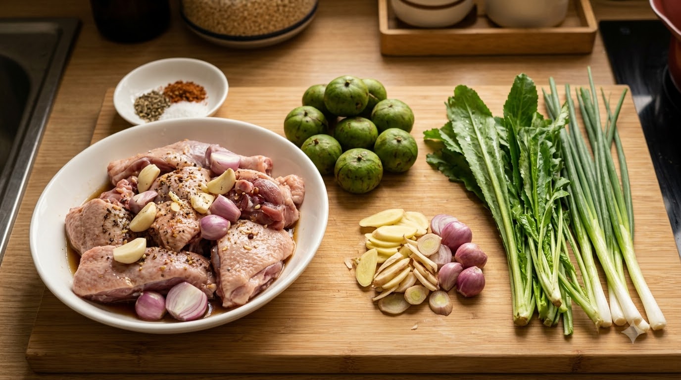 Thịt ngan và quả sấu tươi dùng để chuẩn bị món ngan om sấu